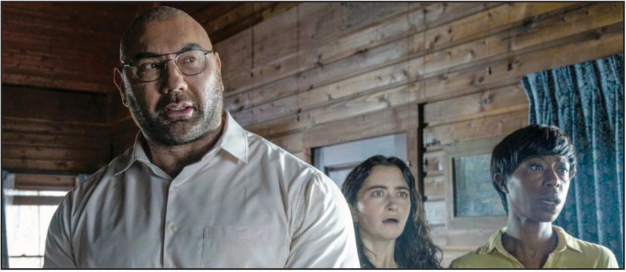 Dave Bautista, left, Abby Quinn and Nikki Amuka-Bird star in Knock at the Cabin.