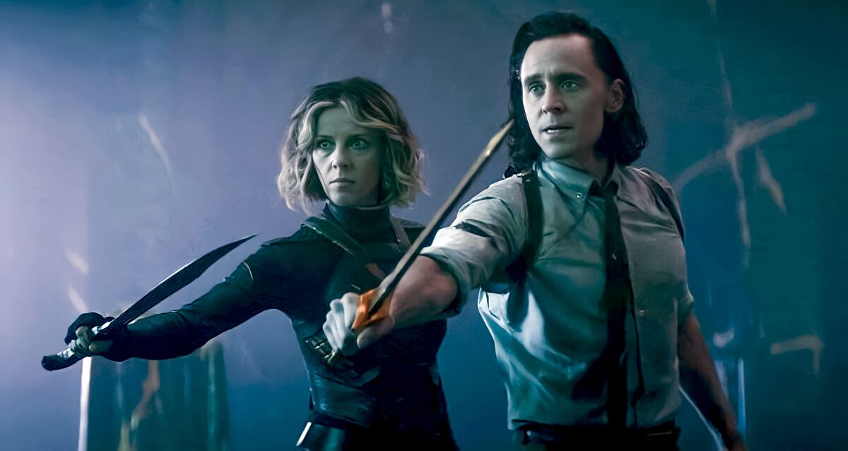 Sophia Di Martino as Sylvie, left, and Tom Hiddleston as Loki battle against He Who Remains.