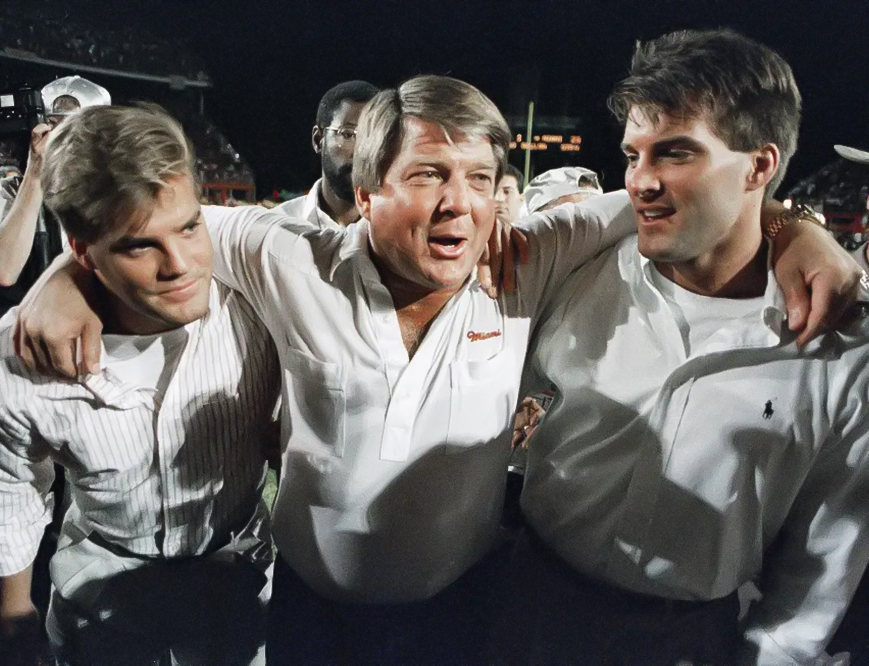 Miami coach Jimmy Johnson celebrates an Orange Bowl win before accepting the job as Cowboys head coach in 1989.