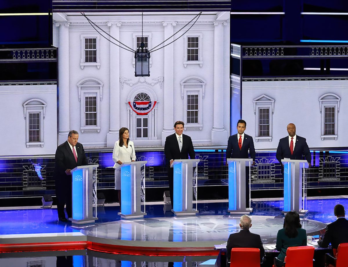 Chris Christie, left, Nikki Haley, Ron DeSantis, and Vivek Ramaswamy debate during the third GOP primary debate on Nov. 8, 2023. Only Haley and Donald Trump remain candidates.