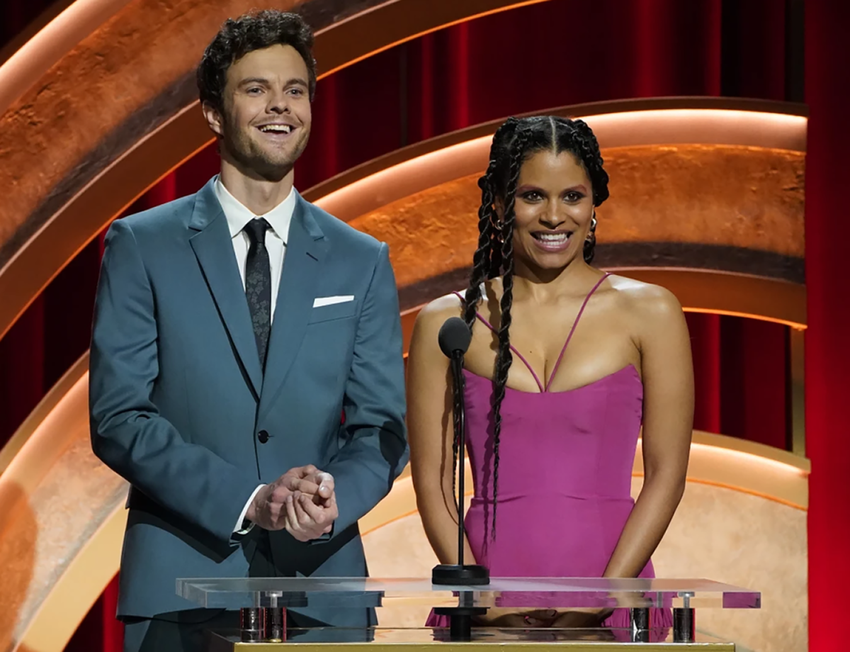 Jack Quaid, left, and Zazie Beetz speak at the 96th Acadamy Awards nominations announcements.
