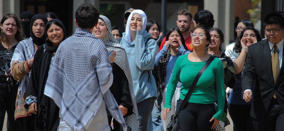 Students chant “Free Free Free Palestine!” while walking the breezeway on May 2.