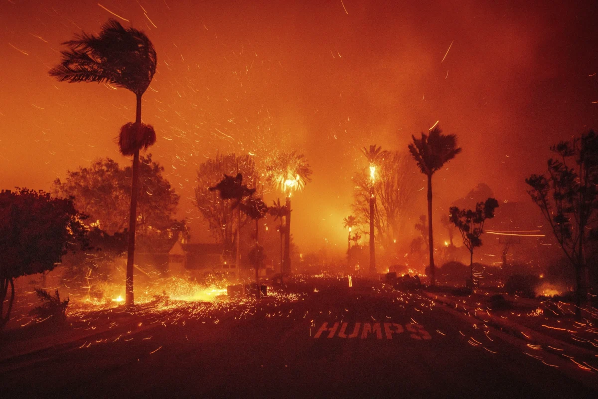 The devastation of the Palisades Fire is seen at sunset in the Pacific Palisades neighborhood of Los Angeles.