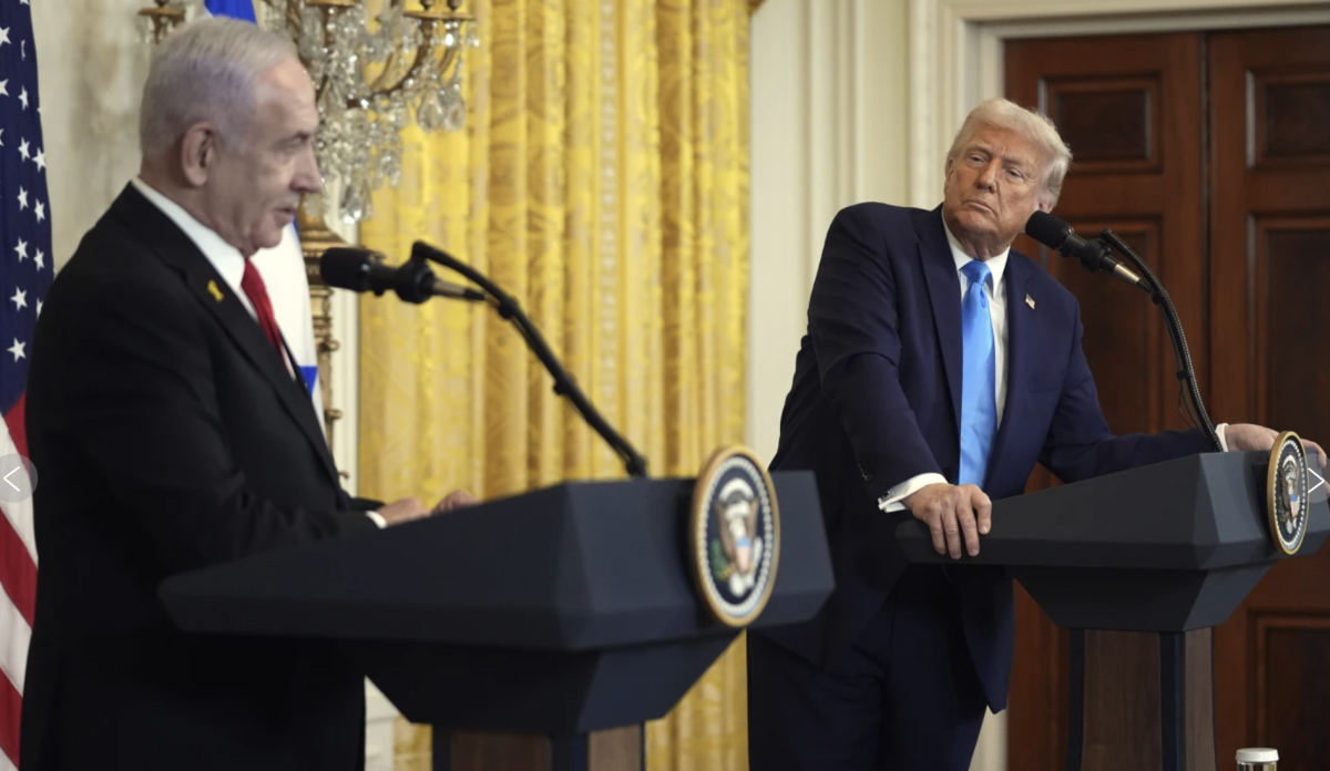 Donald Trump and Israel’s Prime Minister Benjamin Netanyahu speak during a news conference in the East Room of the White House.